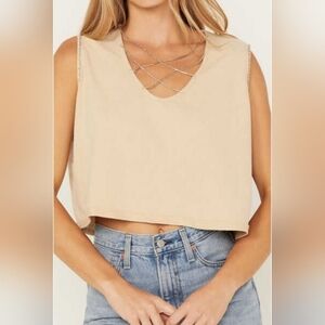 Blue B. Cream Neutral Sleeveless Cropped Oversized Rhinestone T…